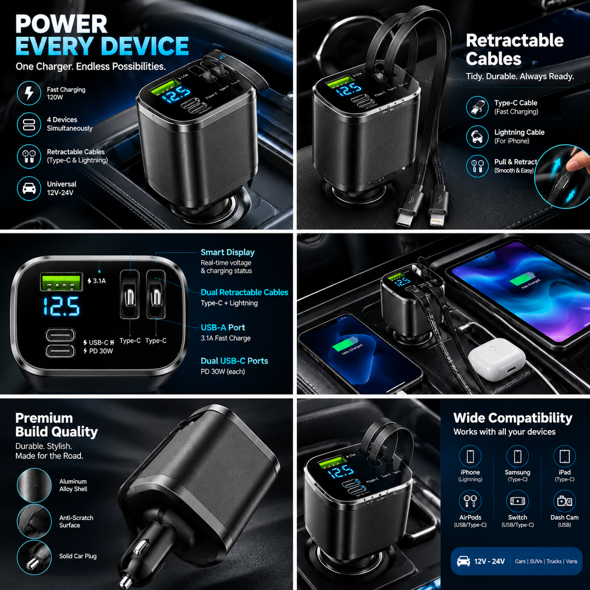 120W MAX Fast Retractable Car Charger