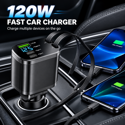 120W MAX Fast Retractable Car Charger