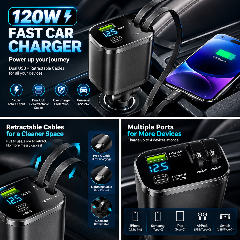 120W MAX Fast Retractable Car Charger