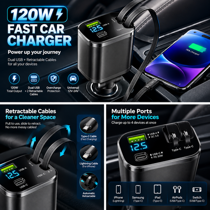 120W MAX Fast Retractable Car Charger