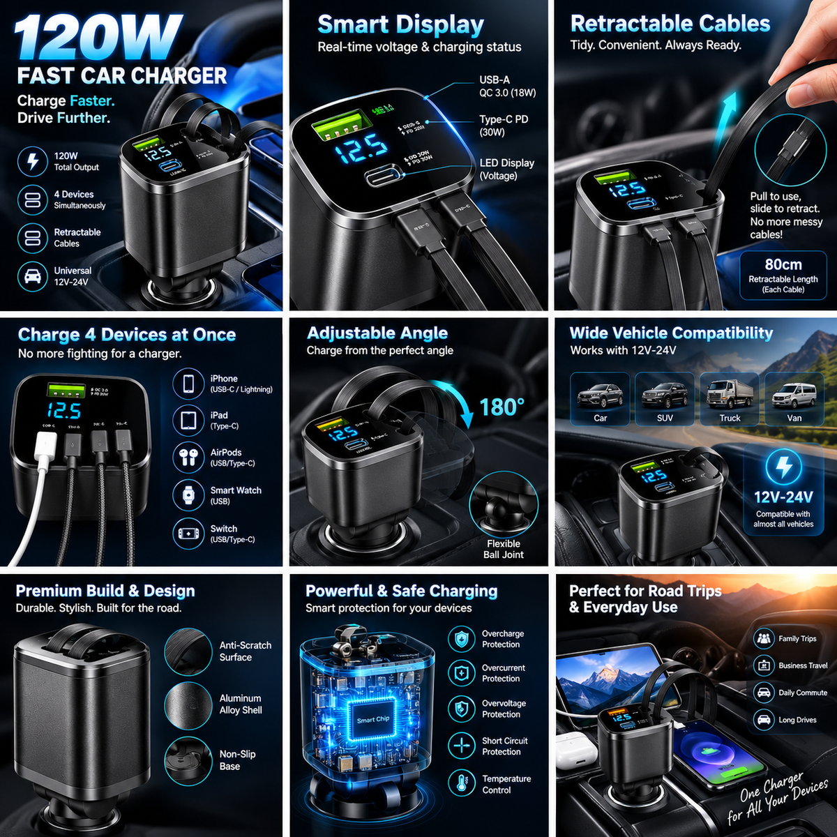 120W MAX Fast Retractable Car Charger