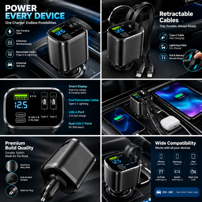 120W MAX Fast Retractable Car Charger
